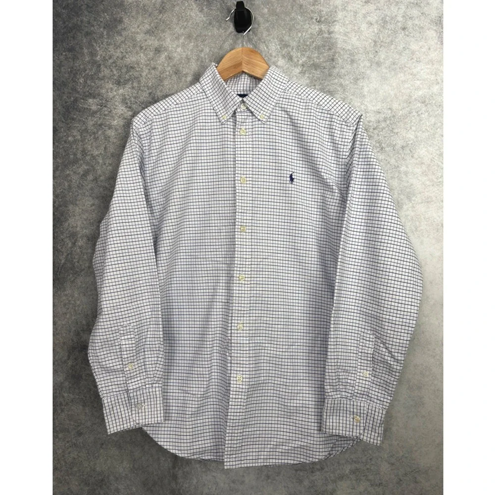 Ralph Lauren Boys White Blue Check Long Sleeve Button Down Shirt XL